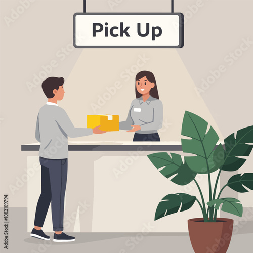 Customer picking up a package from a service desk with a pick up sign