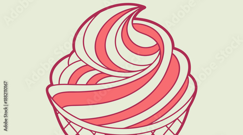 Swirled ice cream in a cone with pink and white stripes