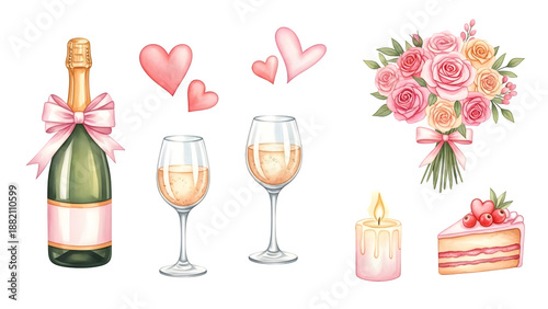 Elegant watercolor illustration of romantic essentials for a heartwarming celebration
