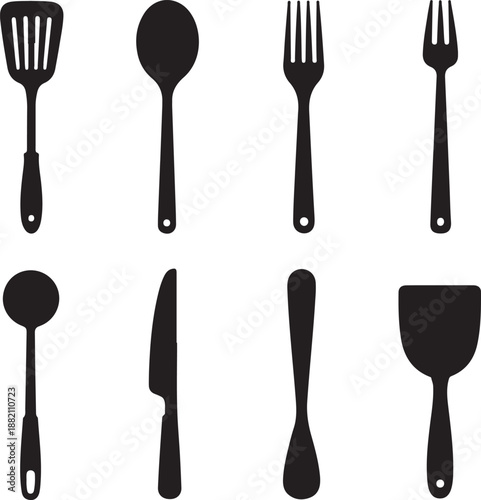 black silhouettes of kitchen utensils on white background