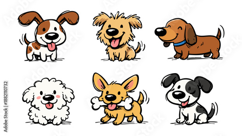 Set of six cute hand-drawn cartoon puppies of different breeds, including a dachshund and a poodle, in a playful doodle style on white.