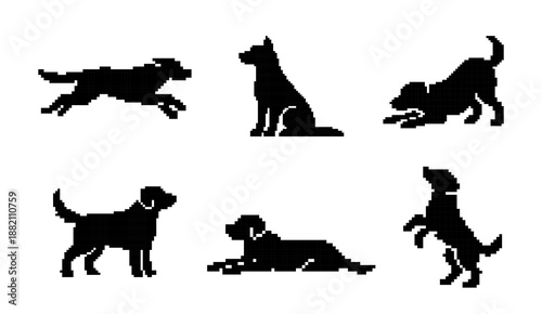 A collection of black pixel art silhouettes of dogs in various poses like running, sitting, and playing, isolated on a white background.