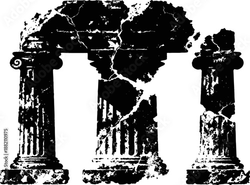 Ancient broken stone columns illustration with cracks and worn texture in black and white