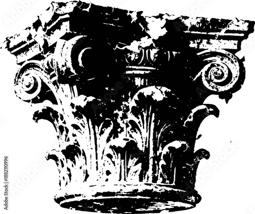 corinthian column capital with acanthus leaves and volutes in black and white design