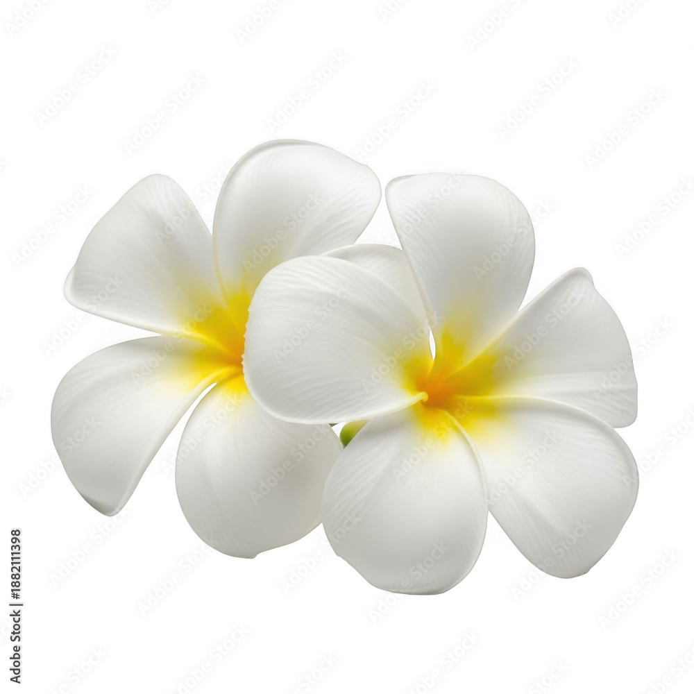Naklejka premium Elegant white plumeria blossoms in full bloom