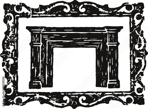 Ornate vintage fireplace mantel with decorative frame, classic wood design, elegant architectural element