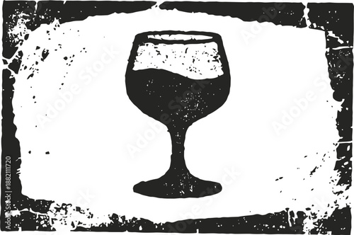 Vintage black and white illustration of a wine glass with textured border