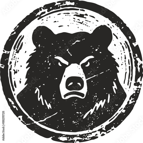 vintage grizzly bear head emblem in circular distressed stamp design