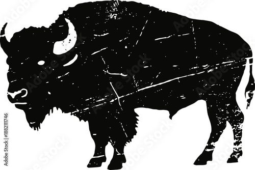 Black distressed silhouette of a bison facing left with detailed fur and horns