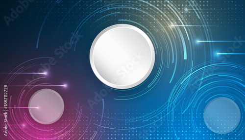 Futuristic abstract background with glowing circles, flowing lines and light trails in blue and purple tones, perfect for technology, digital interface, innovation and sci-fi concepts.