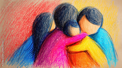 Family hug crayon drawing childlike art colorful sketch parent child love warmth together abstract family hug with no face on textured paper