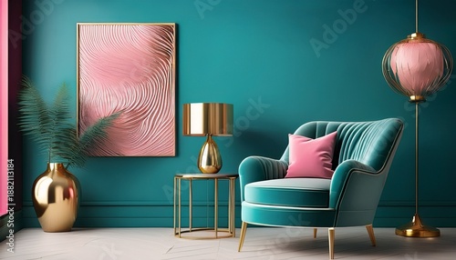 teal and pink abstract art a velvet chair and a gold lamp create a luxurious and modern interior design