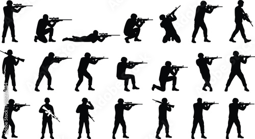 Black soldier silhouette set showing military combat poses, tactical rifle positions and shooting stances isolated on white background for defense training and security concepts
