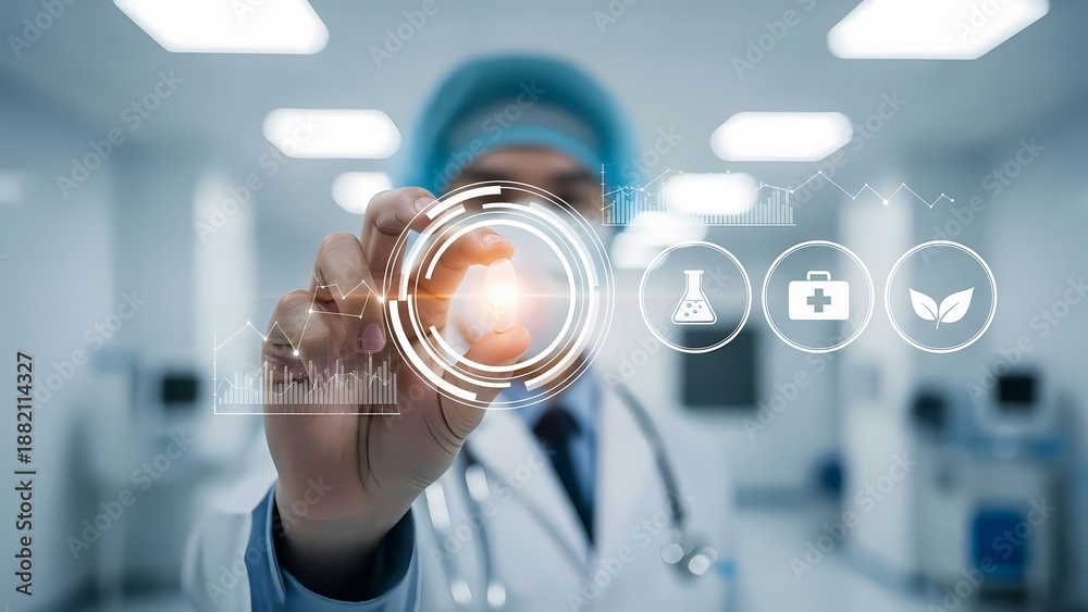 Fototapeta premium Healthcare professional interacting with a futuristic digital interface in a modern hospital