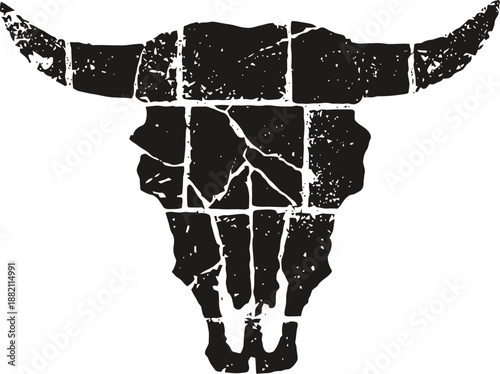 Distressed black bull skull with horns silhouette isolated on white background
