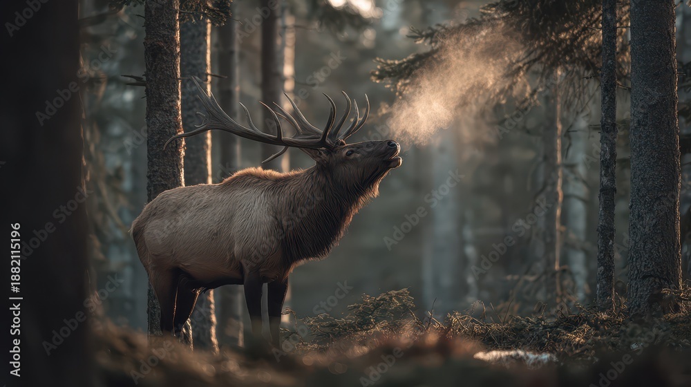 Fototapeta premium Forest wildlife moment: elk bugle amid morning fog and sunlit trees