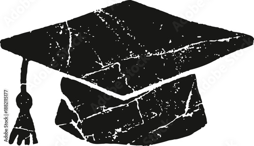 graduation cap silhouette with tassel, vintage textured academic hat icon