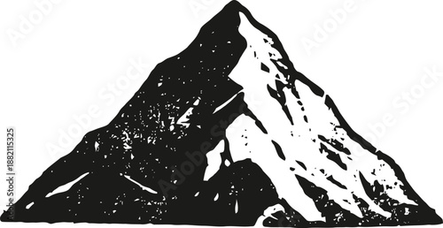 Black and white mountain illustration with snow covered peaks and textured slopes