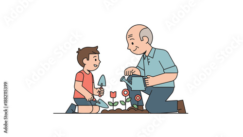 Grandfather and grandson planting flowers together, nurturing nature and bonding through gardening activities
