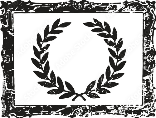 Vintage laurel wreath emblem with distressed texture inside a grunge rectangular frame