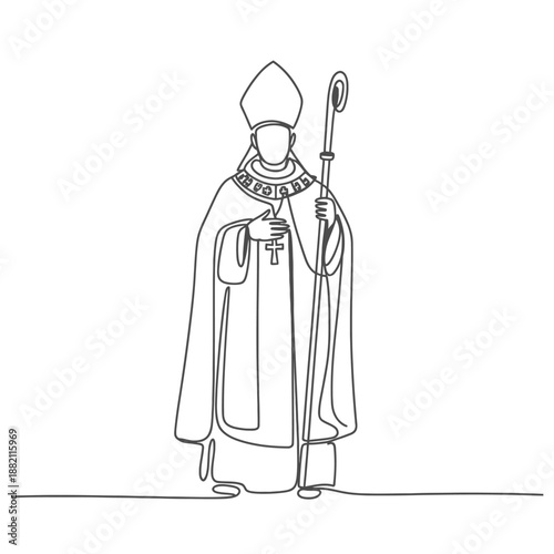 a continuous line drawing depicting a bishop with staff and religious garments