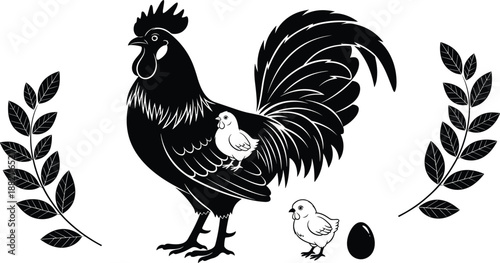 Black and white farm illustration featuring rooster, chicks, egg, and leafy branches, perfect for rustic design, nature themes, and agricultural concept artwork.