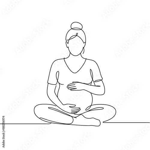 a continuous line drawing of a pregnant woman sitting cross legged