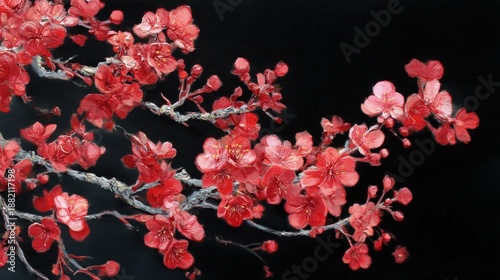 Vibrant red cherry blossoms on dark background.