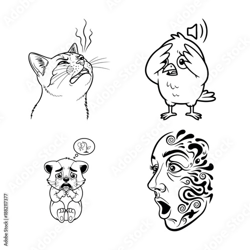 A whimsical collection of black-and-white drawings featuring a cat, a bird, a pensive animal, and a stylized face expressing surprise or fear with intricate patterns