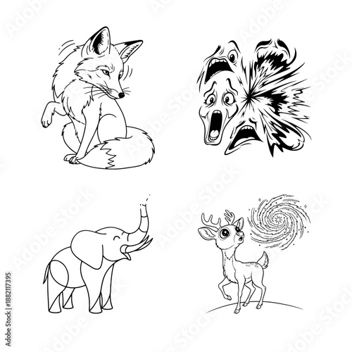 A whimsical illustration featuring a surprised fox, an explosive expression, a playful elephant, and a dazed deer with a hypnotic spiral above its head