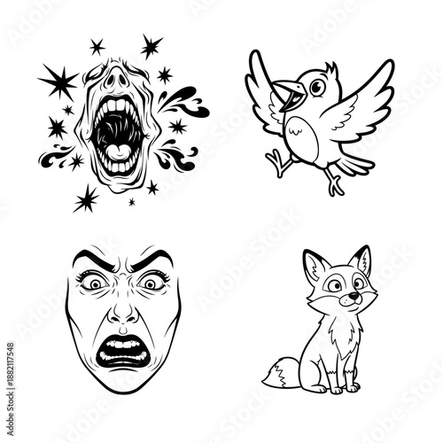 A black-and-white illustration featuring four distinct characters: a screaming face surrounded by stars, a bird in mid-flight, an angry human face, and a sitting fox