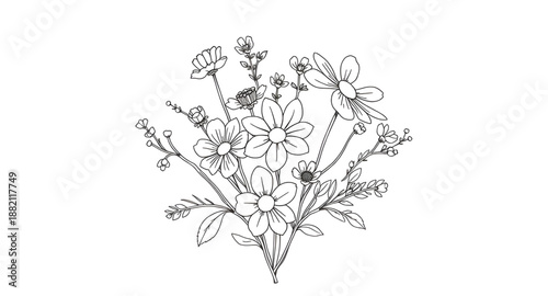 flowerbouquet, wildflowers, floral, flowers, line, outline, sketch, handdrawn, botanical, plant, nature, garden, meadow, bloom, blossoms, petals, stems, leaves, rustic, organic, natural, romantic, wed