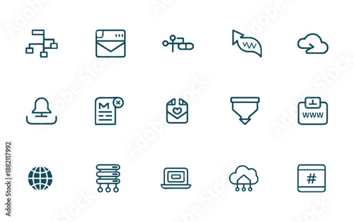 Web interface line icon bundle set. Vector collection of internet, mail, cloud, server, and network symbols for app design.