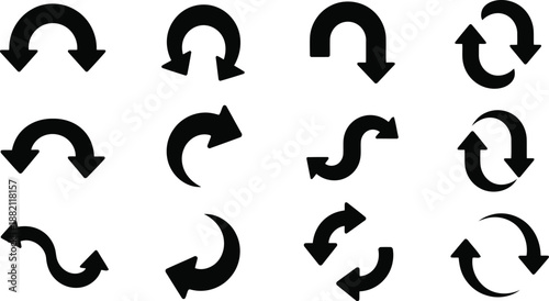 Collection of black circular and curved arrow icons on white loop rotation