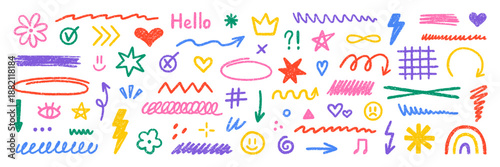 Foto Crayon kids scribble elements, brush lines doodle set