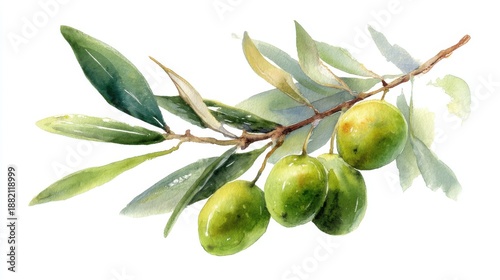 Wallpaper Mural Watercolor olive branch with fresh green olives and leaves on white background. Torontodigital.ca