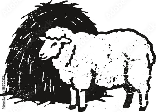 Sheep standing near haystack rustic farm animal vintage illustration black and white