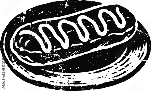 Black and white vintage illustration of hot dog with mustard on bun overlay