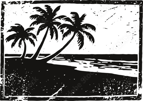 tropical beach silhouette with leaning palm trees and ocean waves at sunset or sunrise
