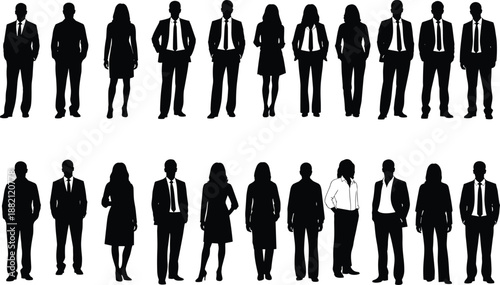 business people silhouettes collection, men women formal suits standing poses, corporate professionals figures, black vector illustration, isolated white background
