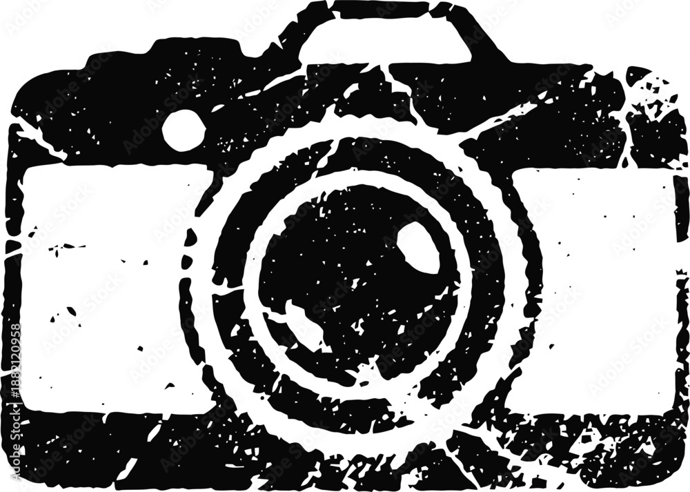 Obraz premium Vintage black camera illustration with distressed texture on white background