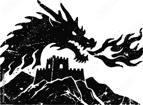 Black dragon breathing fire over medieval castle on rocky mountain silhouette