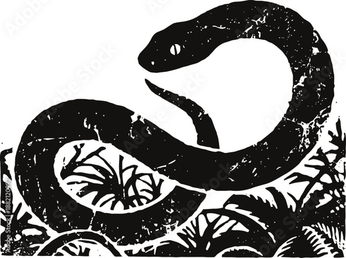 Black snake curling on grass with textured rough vintage illustration
