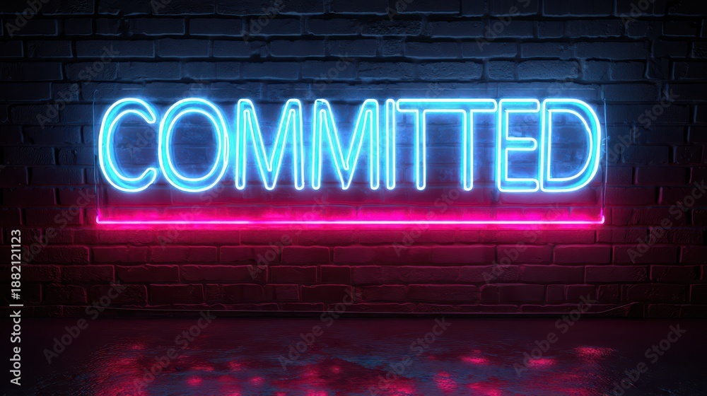 Obraz premium Front view of a 3D-rendered neon sign on brick wall, glowing signage for ads