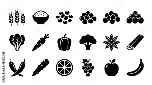Food and grocery icons set featuring vegetables fruits grains spices and healthy organic ingredients for cooking