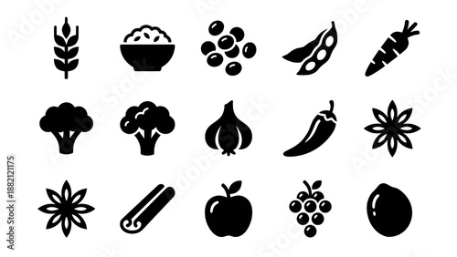 Healthy food and organic vegetable icon set featuring wheat rice beans carrot broccoli garlic chili spices apple grapes and lemon