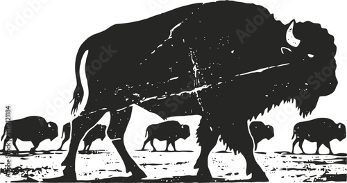 Herbivore bison herd walking across the plains native american buffalo wildlife silhouette