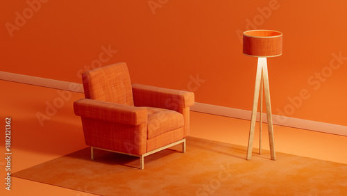 Bright orange interior with armchair and lamp in simple decor