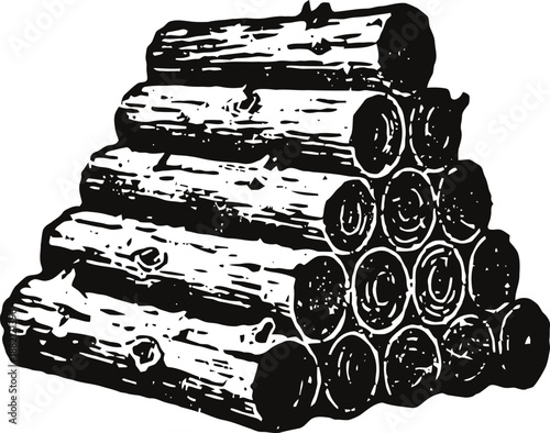 Stack of wooden logs arranged in a pyramid shape with natural rough bark texture