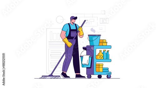 Professional cleaning service worker in a blue uniform and yellow gloves uses a mop next to a utility cart full of various supplies.